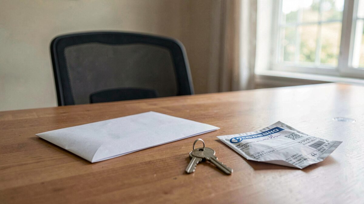 A closed paper folder on a desk beside a house key and a utility envelope in soft window light