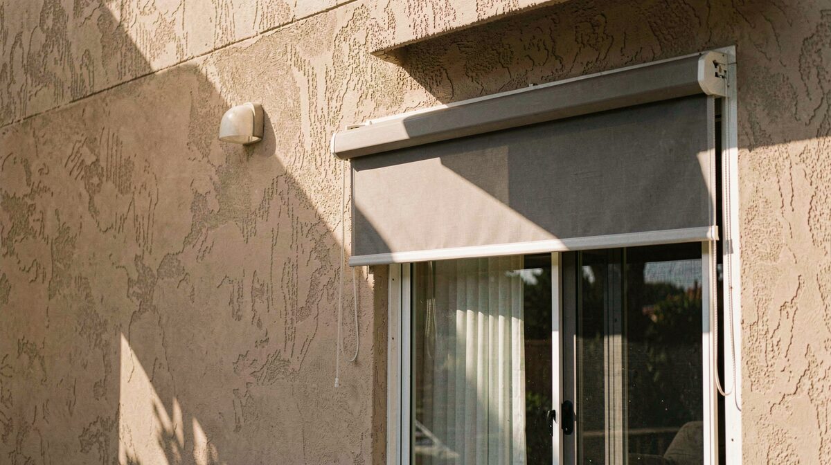 A west-facing stucco wall of a 1970s Santa Clarita house at 4 p.m. in July, with a lowered exterior roller shade casting a hard shadow across a sliding glass door, the sun low and white in the frame.